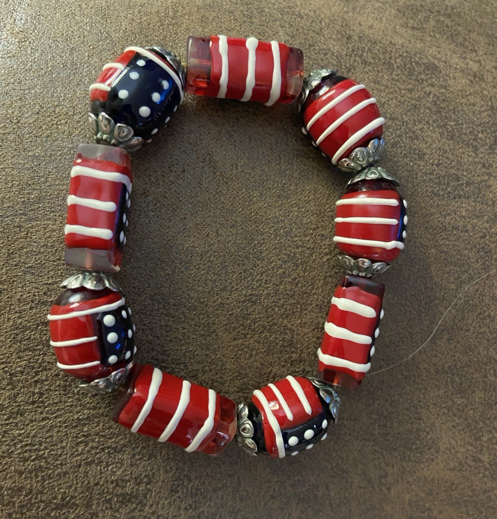 Red White Blue American Flag Glass Bead Blue Stretchy Bracelet - Pre-Owned